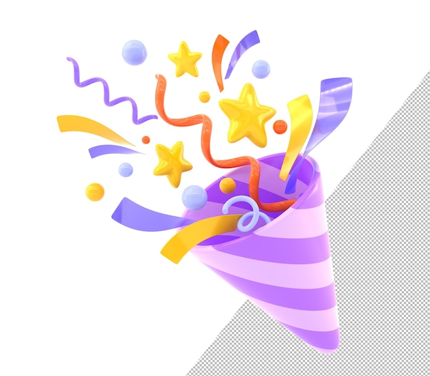 PSD 3d festlicher feuerwerkskörper mit fliegendem konfetti zum geburtstag oder neujahr bunte party popper mit explosion von bandspiralen goldene sterne und kugeln isolierte cartoon flapper-symbol 3d-illustration