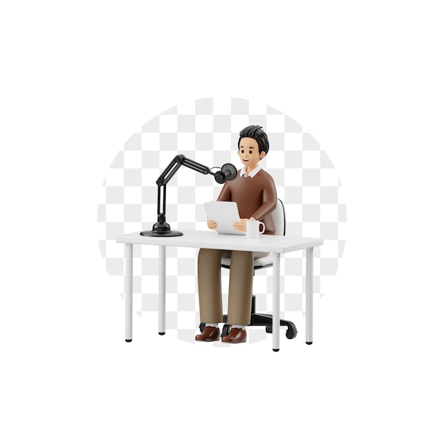 3D-Figur Mann ist Podcast-Produzent