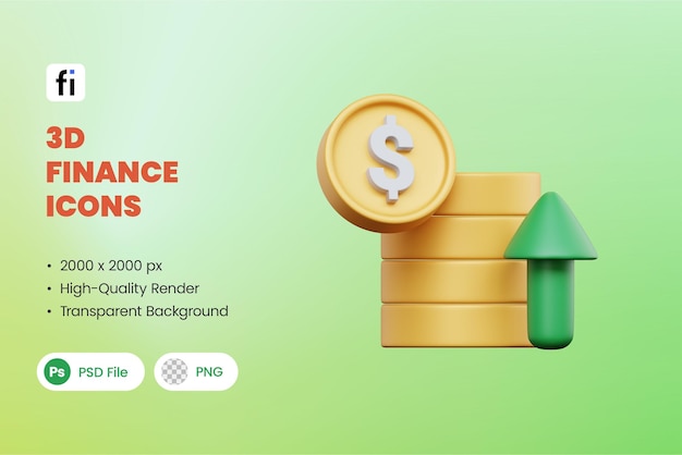 3D-Finanz-Symbole mit Geld und Aufwärtspfeil