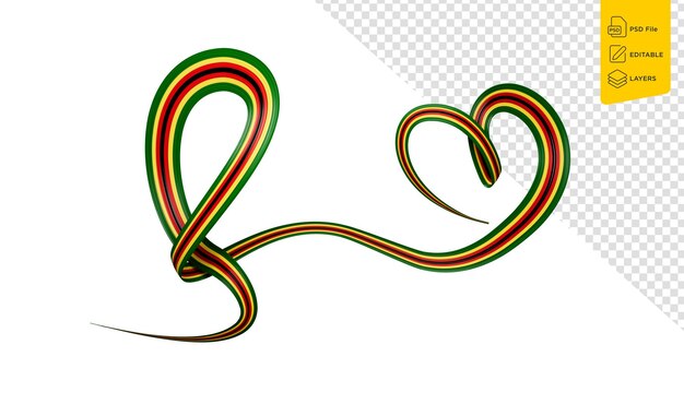 PSD 3d-flagge von simbabwe herzförmige glänzende wellenbande auf weißem hintergrund 3d-illustration