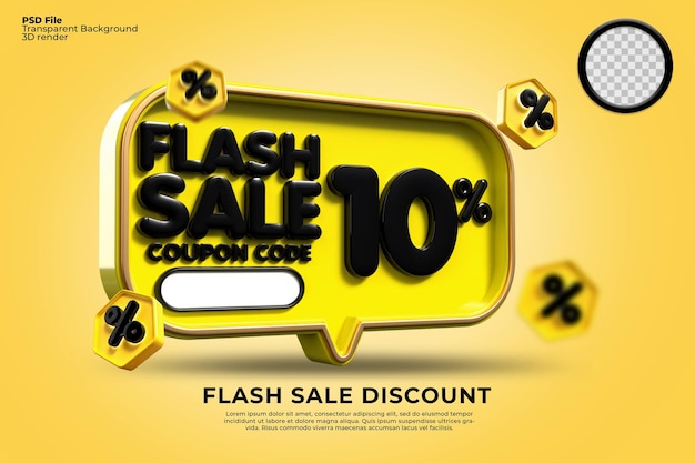 3D flash sale sconto numero 10 percentuale con colori giallo nero, banner negozio online,