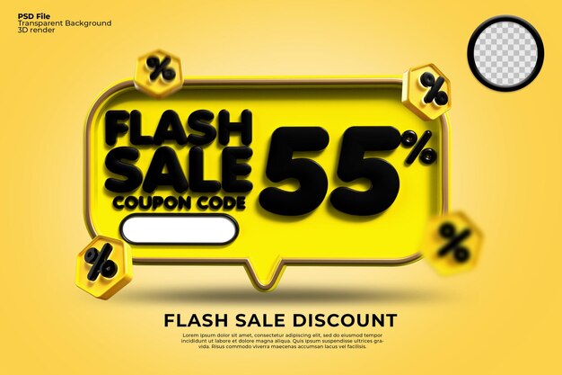 3D flash sale sconto numero 55 percentuale con colori giallo nero, banner negozio online,