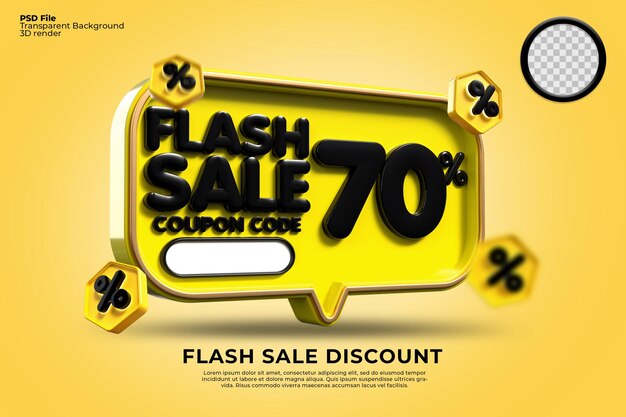 3D flash sale sconto numero 70 percentuale con colori giallo nero, banner negozio online,