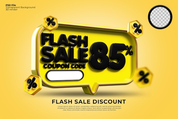 3D flash sale sconto numero 85 percentuale con colori giallo nero, banner negozio online,