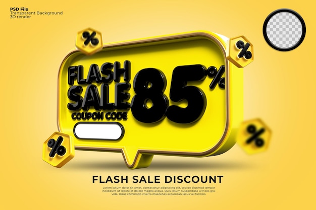 3D-Flash-Verkaufsrabattnummer 85 Prozent mit gelben schwarzen Farben, Online-Shop-Banner,