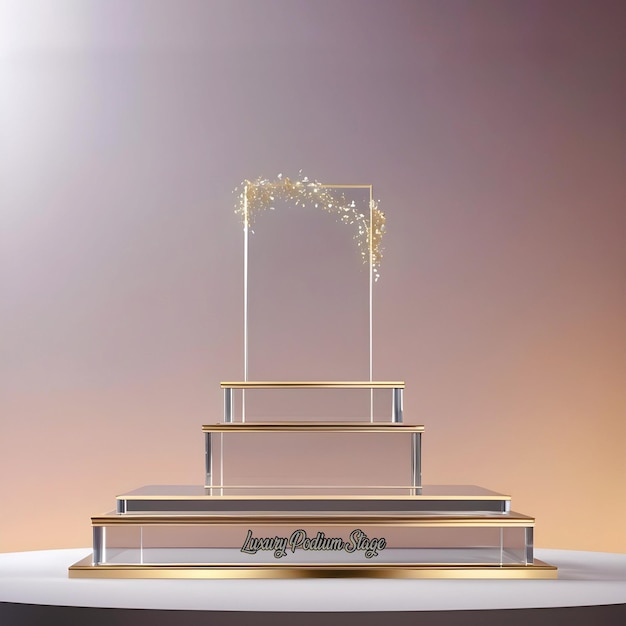 PSD 3d-flüssigpodium-stand mit realistischem goldkreis, blumenkristallglas, schwarzem podium.