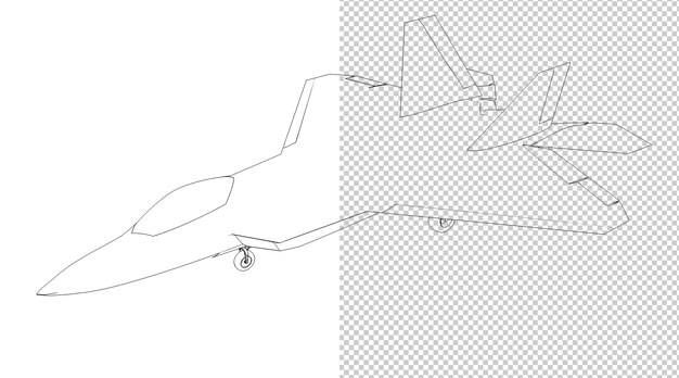 PSD 3d-flugzeugmodell grafisch aus fünf richtungen mit schwarz-weißer skizze. lineare skizze