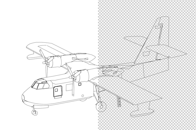 PSD 3d-flugzeugmodell grafisch aus fünf richtungen mit schwarz-weißer skizze. lineare skizze.