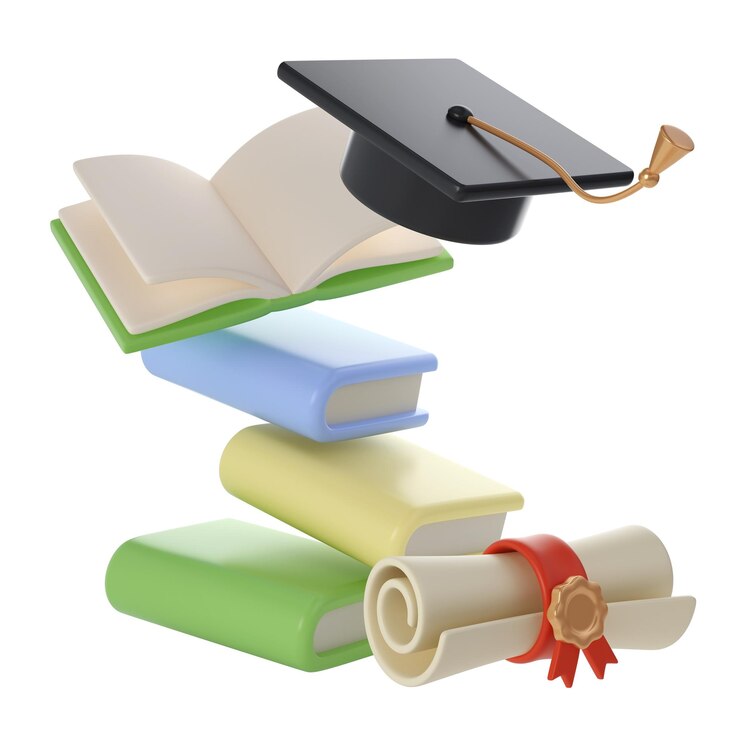 PSD 3d flying books diploma scroll and university or college black cap graduate icon