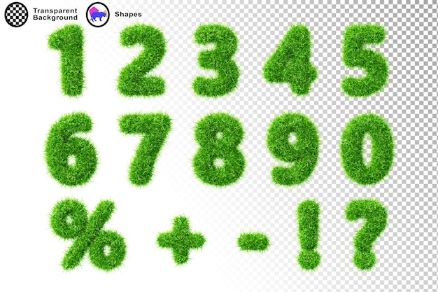 3d fonte de grama verde pelos números fofinhos de 0 a 9 dígitos de plantas frescas sinal de porcentagem sinal de interrogação sinal de exclamação mais ou menos símbolo com textura de musgo de vegetação macia ecologia da natureza