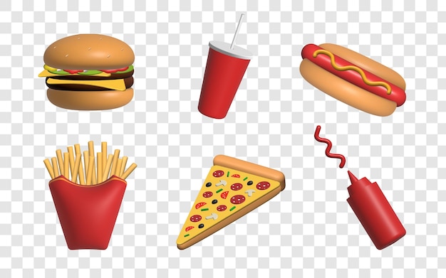 PSD 3d-food-ikone mit burger-pommes-frites, pizza-hotdog und ketchup