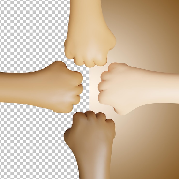 PSD 3d four hands with different skin tones transparent background
