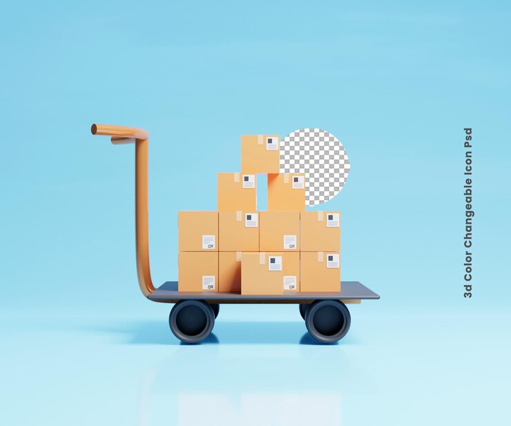 PSD 3d-frachtpaket-lieferbox mit versandwagen oder 3d-frachtversandkonzept-symbol