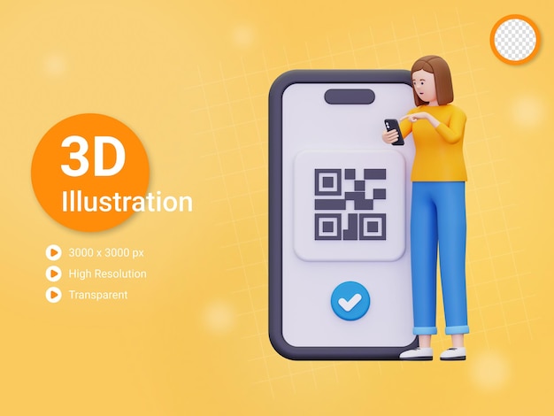3D-Frau scannt Barcodes mithilfe einer Smartphone-Illustration