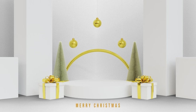 3D Frohe Weihnachten Podium mit Geschenkbox und Baum