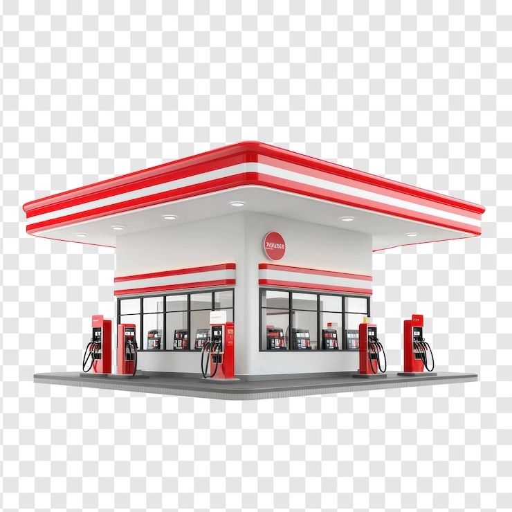 PSD 3d-frontansicht der tankstelle isoliert auf durchsichtigem hintergrund