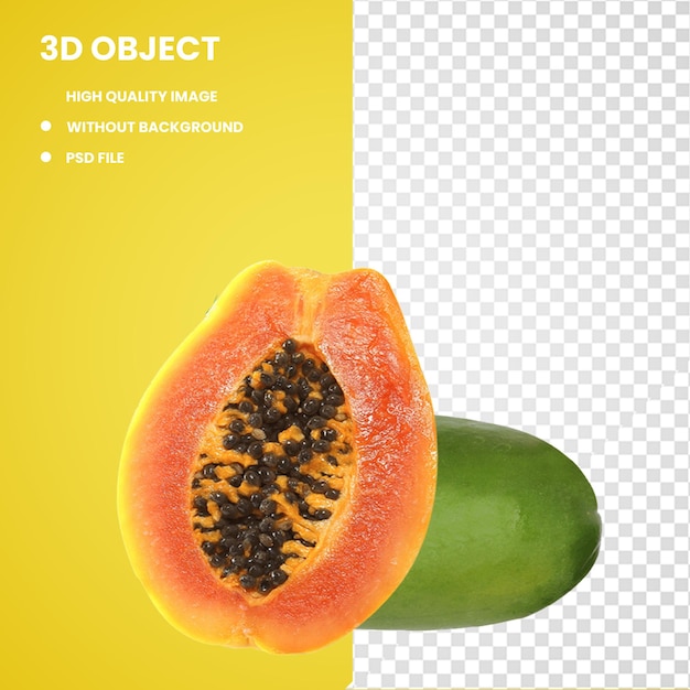 PSD 3d fruta de papaya en rodajas y jugo de papaya fruta de papaya alimentos y papaya cortada y seca fruta y nutrición