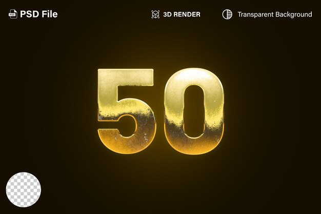 3d Fünfzig Nummer 50 goldener Effekt isoliert auf durchsichtigem Hintergrund