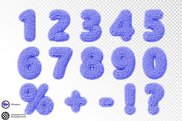 3d fuente de pelaje azul números esponjosos de 0 a 9 dígitos ondulados rizados difusos signo de porcentaje signo de pregunta signo de exclamación más menos símbolo con textura peluda de animal descuento de venta render