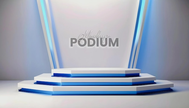 PSD 3d futurista cinematográfico podio blanco fondo pedestal de pie línea de metal azul geométrico realista