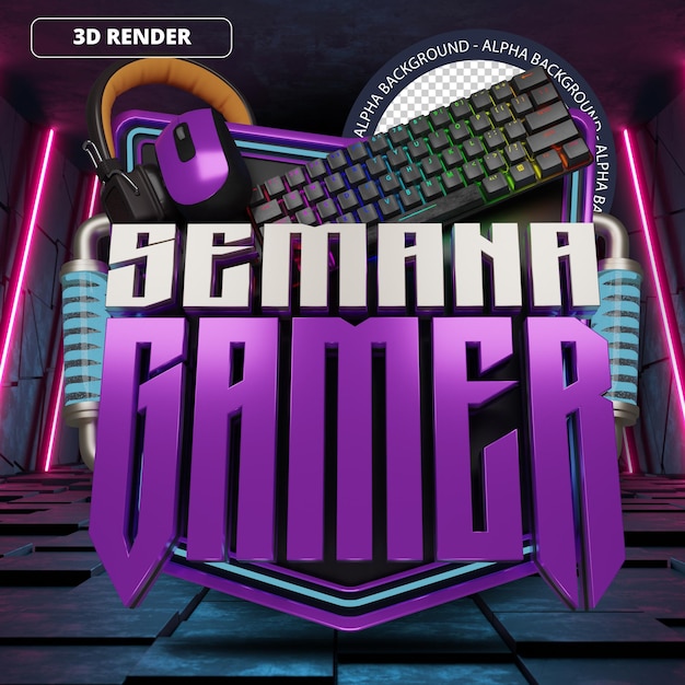 PSD 3d gamer semana mega venta promoción pancarta delantero púrpura brasil