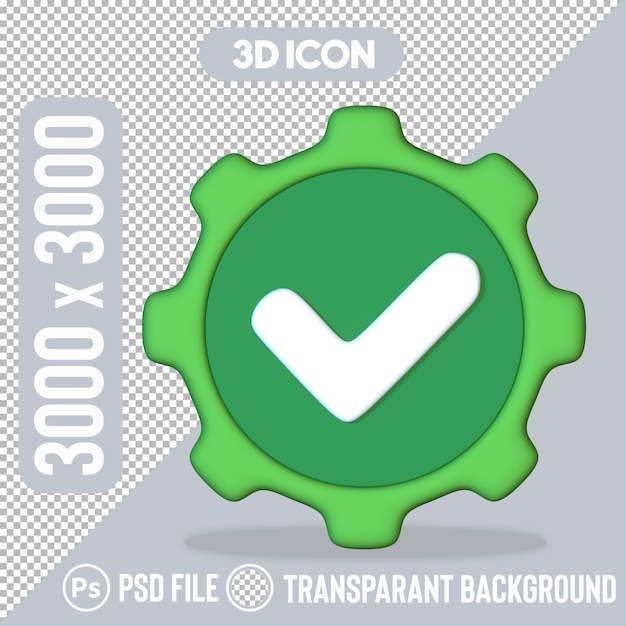 3D Gear Icon with Check Mark Success and Approval