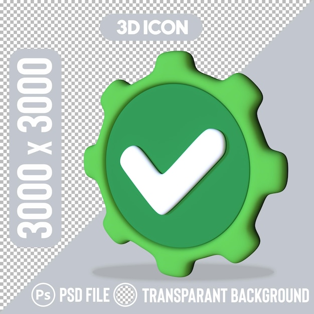 3D Gear Icon with Green Check Mark