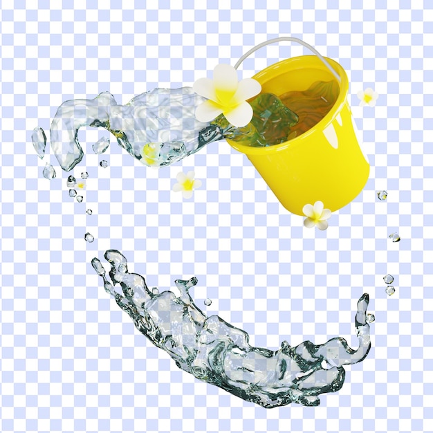 PSD 3d gelber eimer mit spritzwasser und frangipani-blume