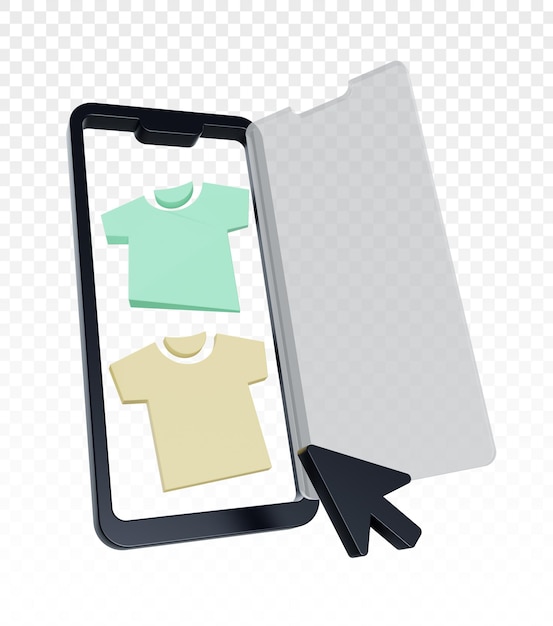 3D geöffnetes Smartphone mit Kleidung und Zeigerpfeil isoliert