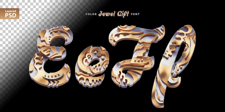 PSD 3d-gerenderter satz goldener und silberner buchstaben mit dekorativer abstrakter oberfläche