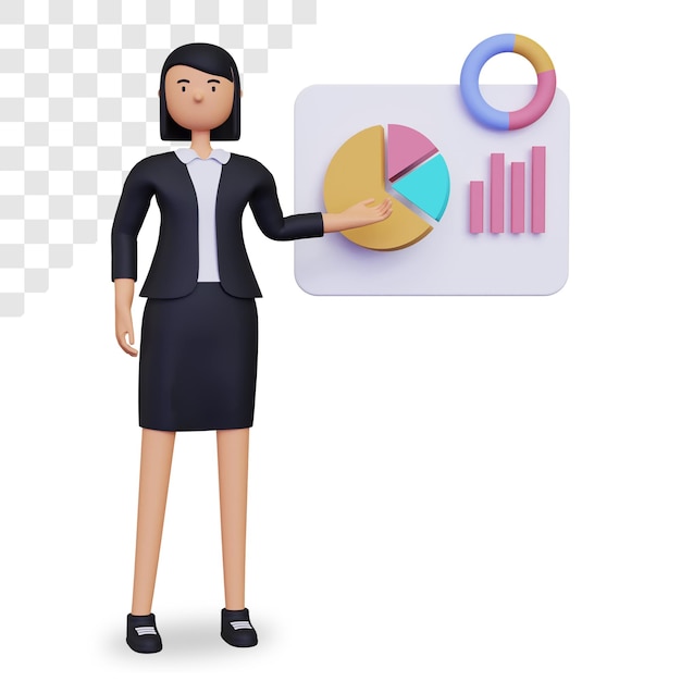 PSD 3d-geschäftsfrau-charakter mit diagramm