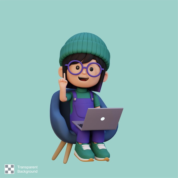 3d girl character working on a laptop
