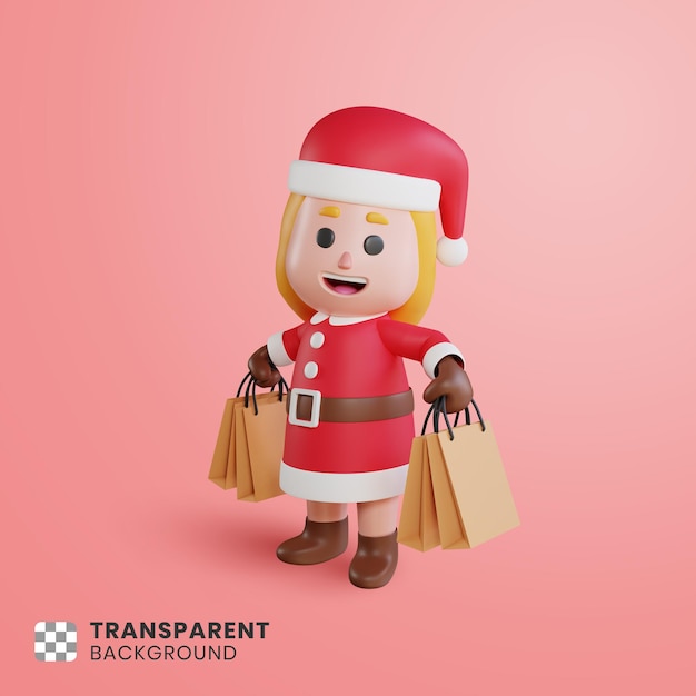 3d girl charakter weihnachtsmann mit einkaufstüten