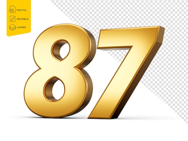3D-glänzende Goldzahl 87 87 3D-Goldzahl isoliert auf weißem Hintergrund 3D-Illustration