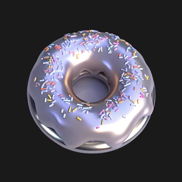 3d glänzender metallischer Donut mit bunten Spritzen und Glasur