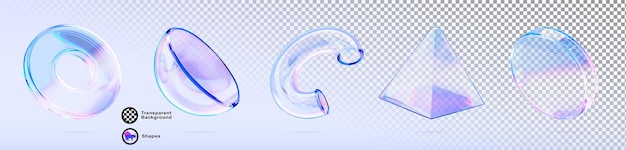 3D-Glasflüssigkeit holographische transparente geometrische Formen renderen Ikonensatz Abstrakte Gradienten Flüssigkeitsfiguren Dreieck Zylinder Halbkugel Torus Kreis Röhre Objekte isolierte Elemente