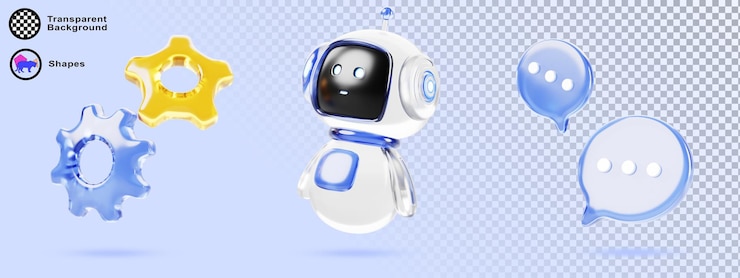 PSD 3d glass ai robot personaje habla burbujas y engranajes renderización de dibujos animados conjunto de tecnología de chatbot inteligencia artificial chat bot mascota asistente de soporte digital para diálogo virtual