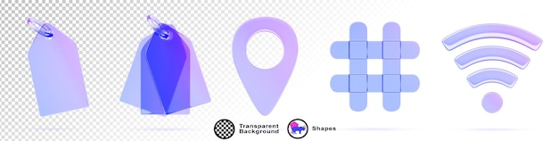 3d glass holographic transparent ui icons Gradient price tag map pin wifi hashtag symbol isolated render set Digital marketing business advertising in internet and social media