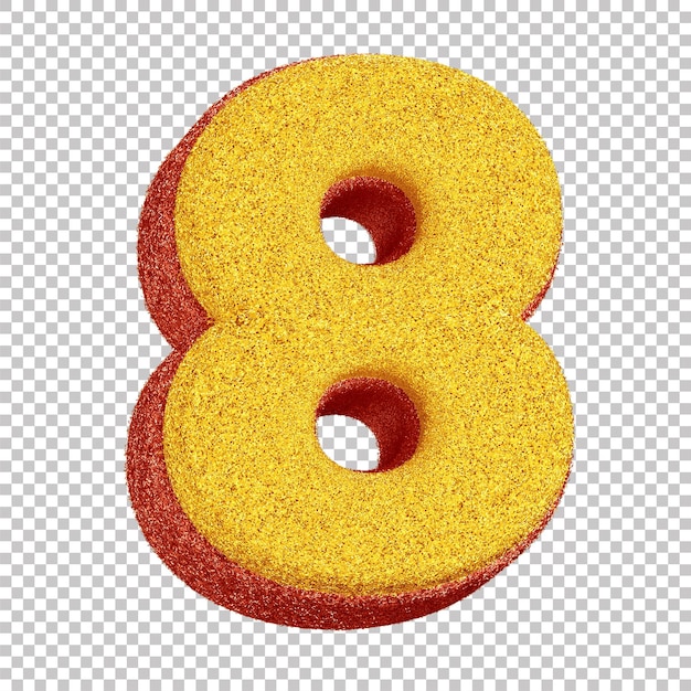 3D Glitter Number Eight for Carnival Composition Yellow with Red Outline on Transparent Background