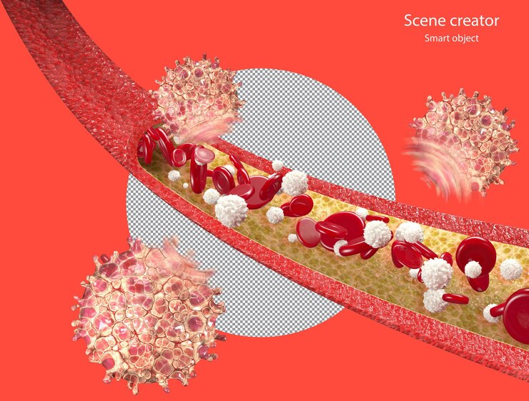 PSD 3d, glóbulos rojos, y, virus, fluir, por, vena, ruta de recorte