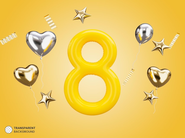 PSD 3d-gold nummer 8 ballons symbol isoliert 3d-rendering