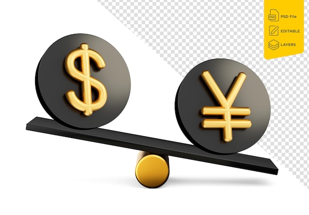 PSD 3d-golddollar- und yen-symbol auf abgerundeten schwarzen ikonen mit 3d-gleichgewicht-seesaw 3d-illustration