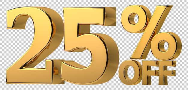 3d golden 25 de descuento aislado sobre fondo transparente para promoción de venta Número con signo de porcentaje Incluir formato png