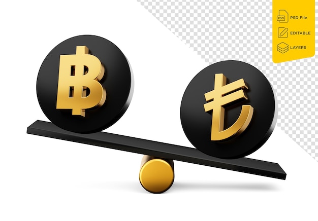 3d Golden Baht And Lira Symbol On Rounded Black Icons With 3d Balance Weight Seesaw 3d illustration