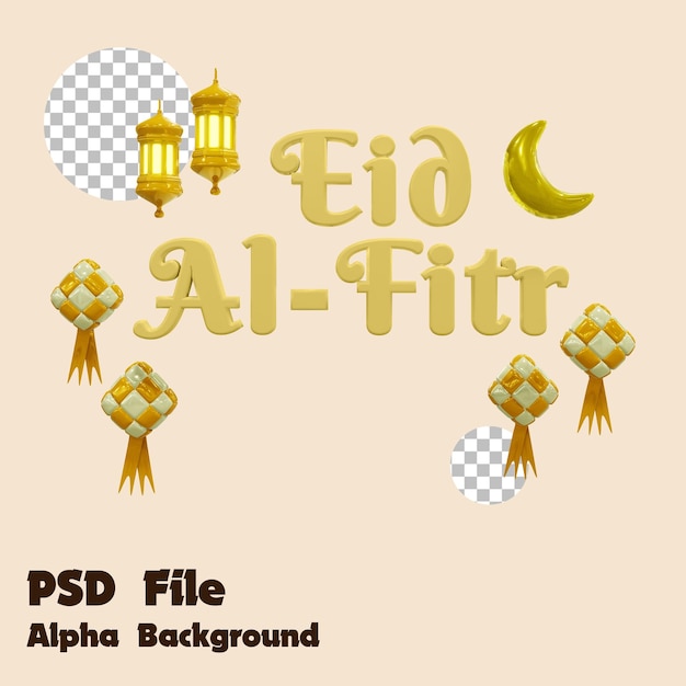 PSD 3d golden eid al fitr y golden ketupat y golden lantern y golden moon con fondo alfa