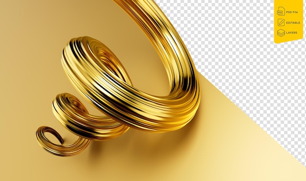 PSD 3d golden paint brush stroke ou golden silk cloth strip luxury ribbon spiral shape 3d illustration