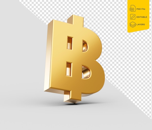 3D Golden Shiny Baht Thailand Währungssymbol Goldener Baht isoliert auf weißem Hintergrund 3D-Darstellung