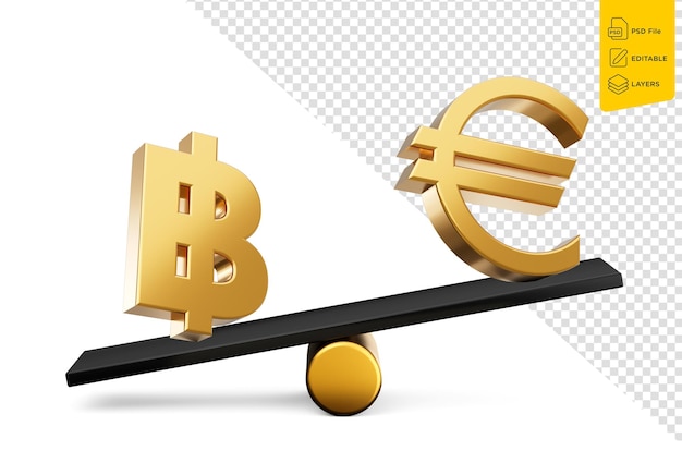 3d-goldene Baht- und Euro-Symbol-Ikonen mit 3d-schwarzer Balance-Gewicht-Seesaw-3d-Illustration