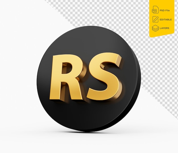 3d goldene pakistanische rupie-symbol rs mit abgerundetem schwarzem ikon auf weißem hintergrund 3d-illustration