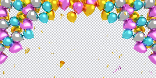 3D-goldene und bunte Luftballons, die mit Konfetti schweben, isoliert für alles Gute zum Geburtstag, Mockup-Hintergrund